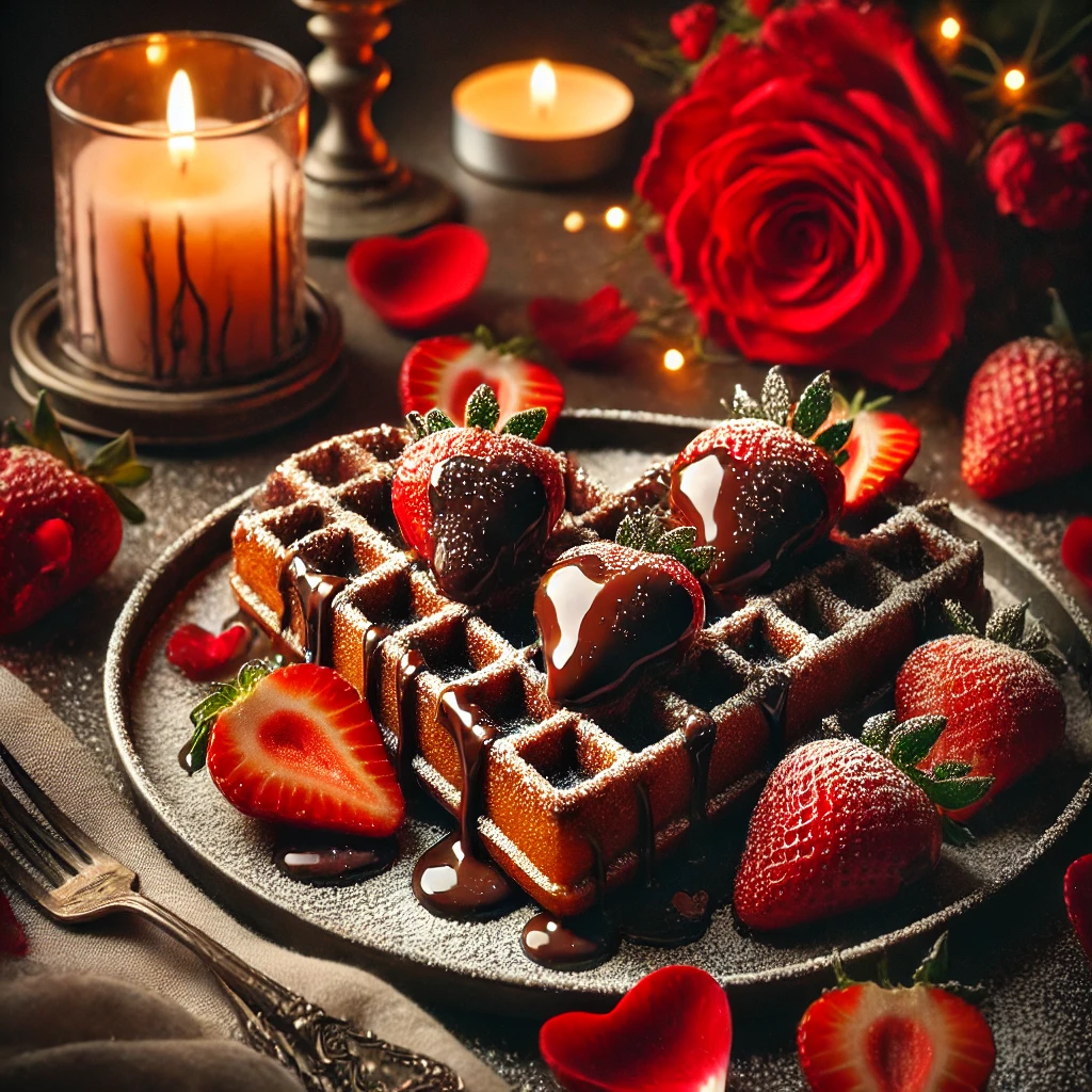 Heart-shaped waffle brownies with chocolate ganache