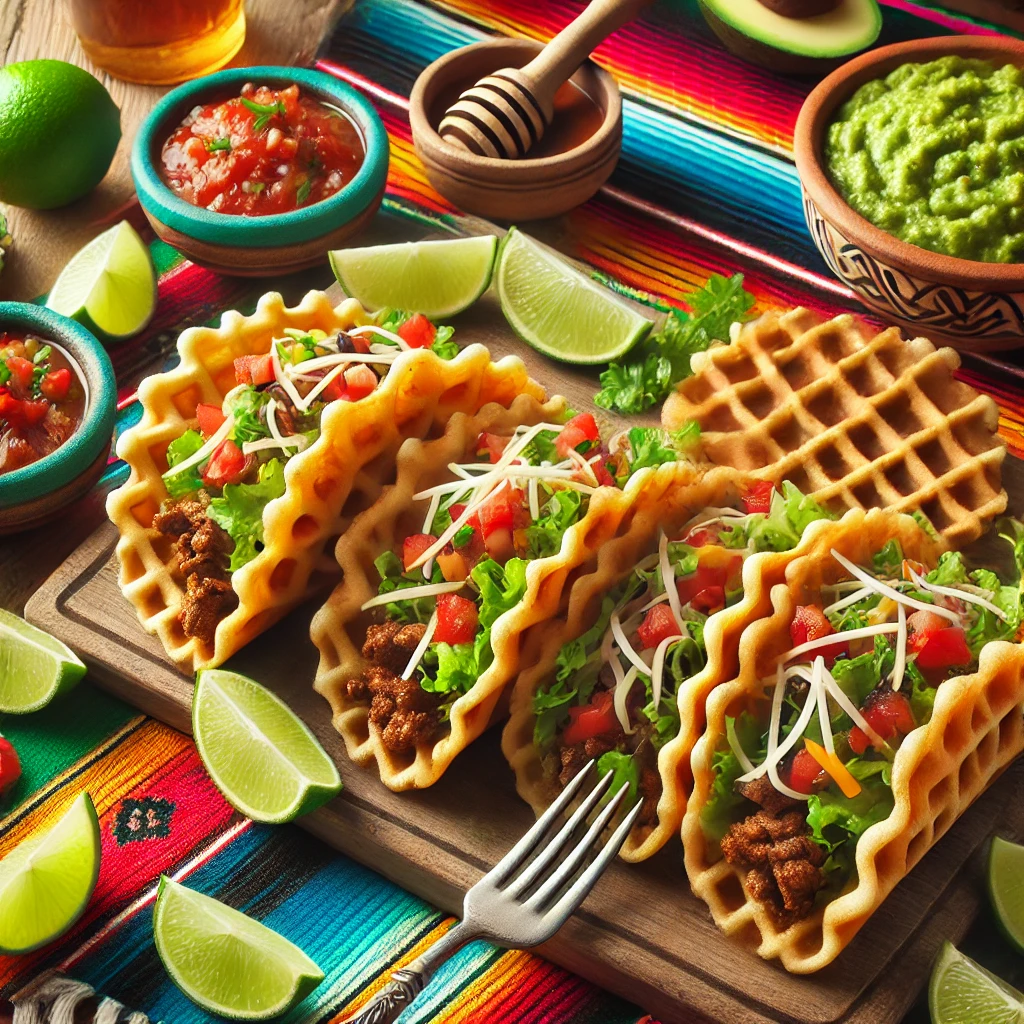 Crispy waffle tacos filled with seasoned beef and toppings